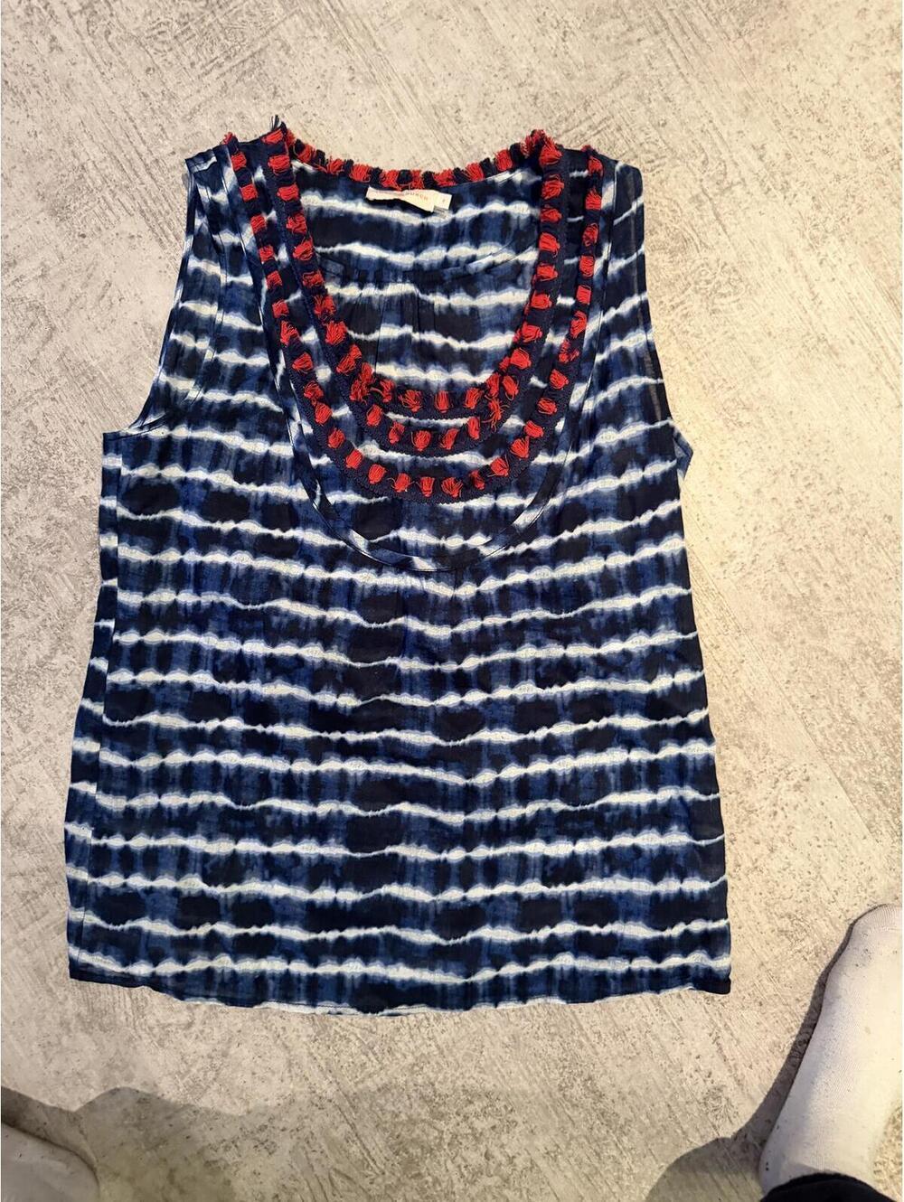 NWOT Tory Burch Cotton Sleeveless Tie-Dye Top with Red Tassel fringe trim sz 6